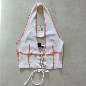 Forever 21 S White Orange Stitching Stitch Trim Halter Lace Front Crop Top